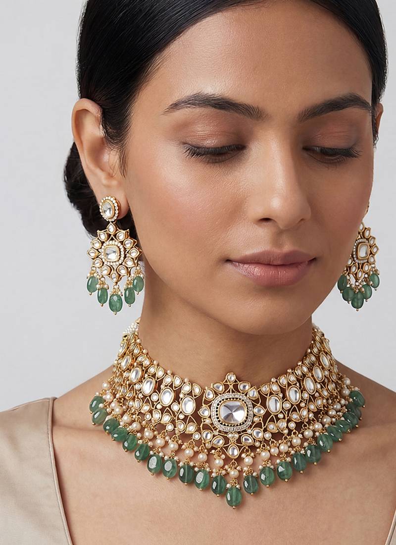 Green stone gold finish moissanite necklace set