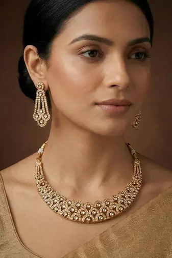 Gold finish jadau necklace set