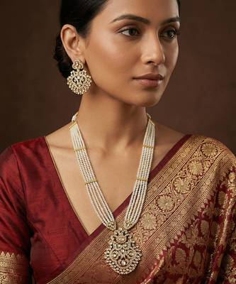Gold finish jadau long necklace set 1