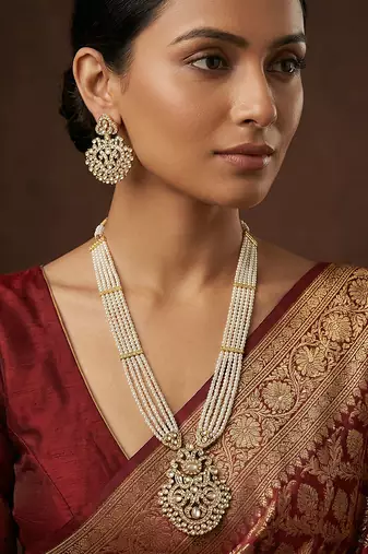 Gold finish jadau long necklace set