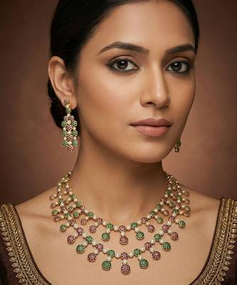 Multicolor gold finish jadau long necklace set 1