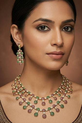 Multicolor gold finish jadau long necklace set