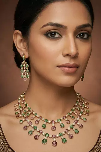 Multicolor gold finish jadau long necklace set