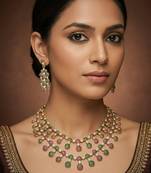 Multicolor gold finish jadau long necklace set