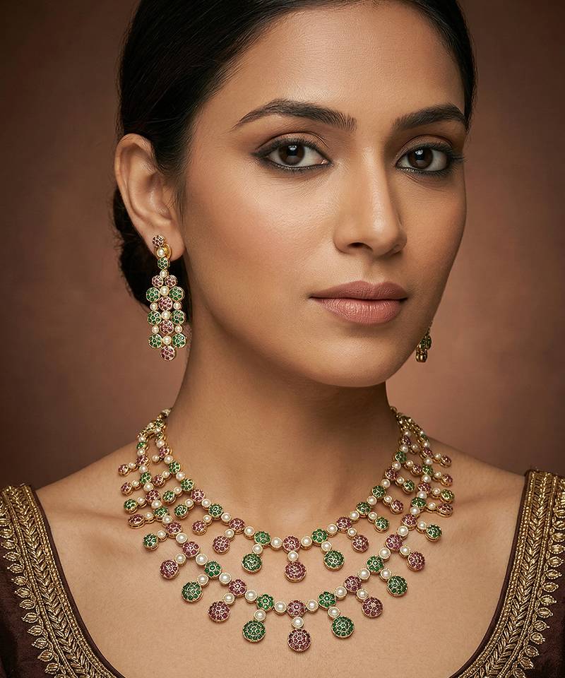 Multicolor gold finish jadau long necklace set