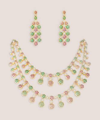 Multicolor gold finish jadau long necklace set 2