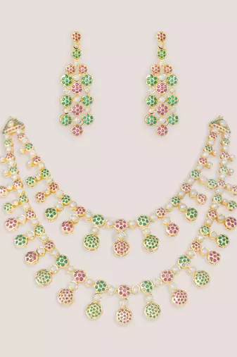 Multicolor gold finish jadau long necklace set