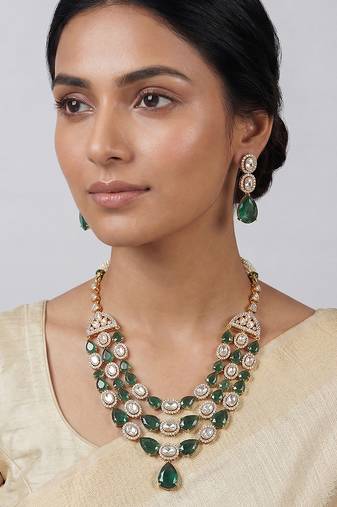 Green stones polki long necklace set