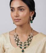 Green stones polki long necklace set