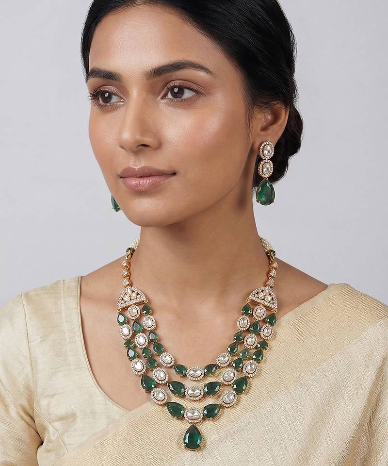 Green stones polki long necklace set
