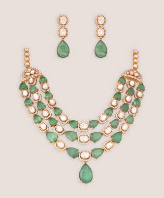 Green stones polki long necklace set 2