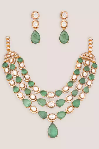 Green stones polki long necklace set