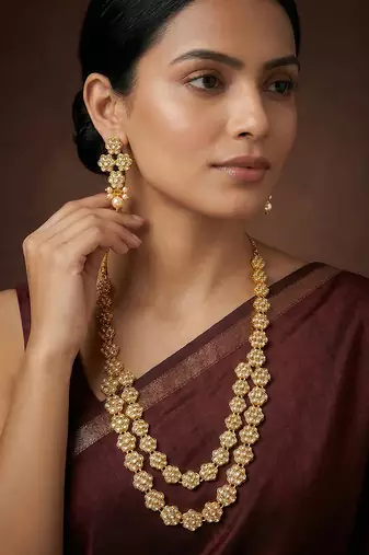 White gold finish jadau long necklace set