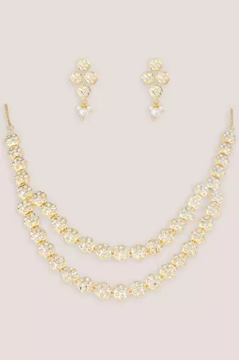 White gold finish jadau long necklace set