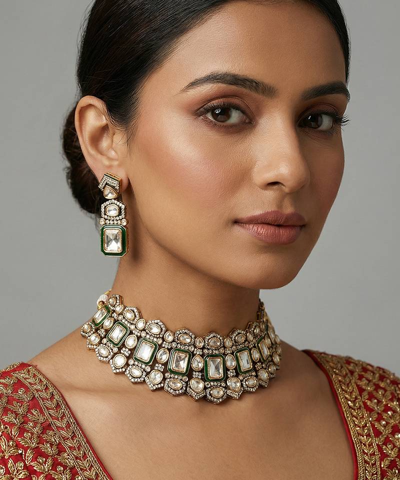 Green meenakari polki necklace set