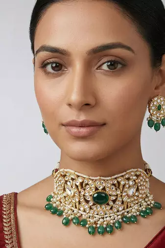 Green stones pearl kundan choker set