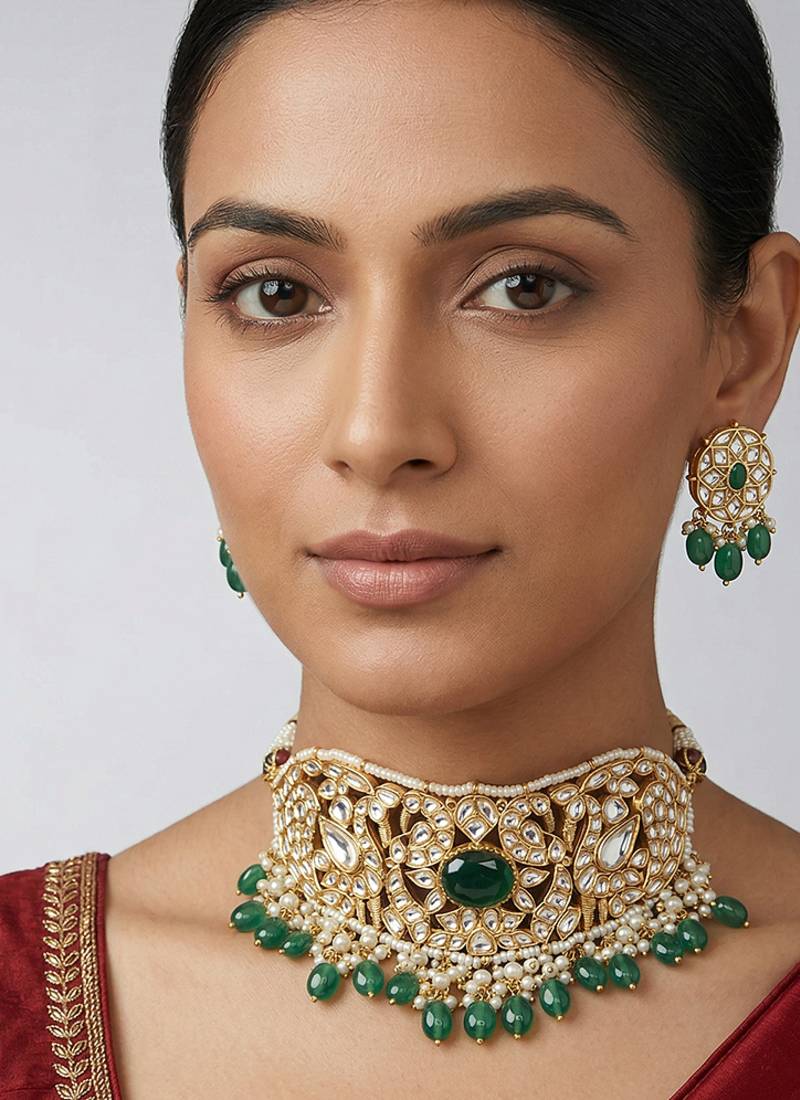 Green stones pearl kundan choker set