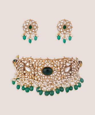 Green stones pearl kundan choker set 2