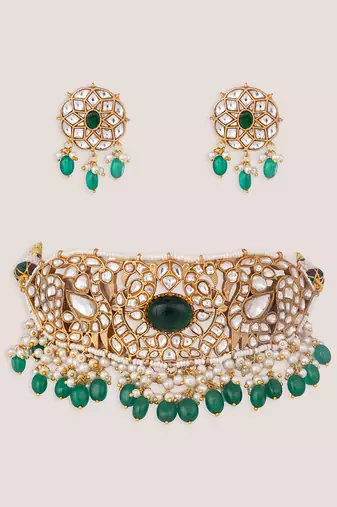 Green stones pearl kundan choker set