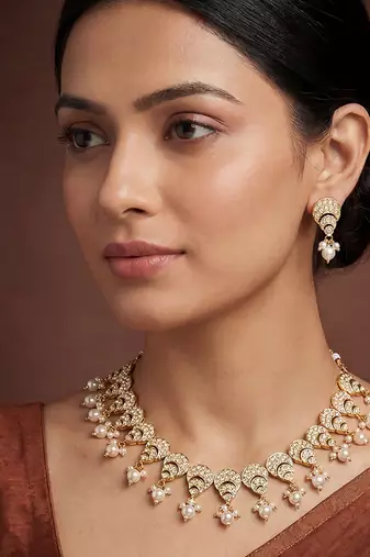 Gold plated white finish jadau necklace set