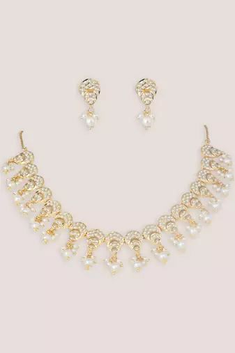 Gold plated white finish jadau necklace set