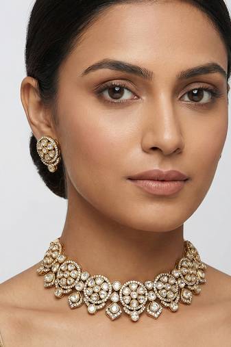 White stones dual tone polki necklace set