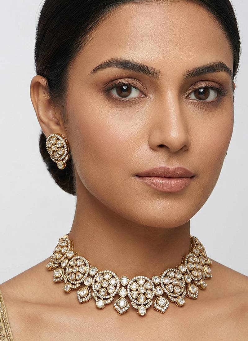 White stones dual tone polki necklace set