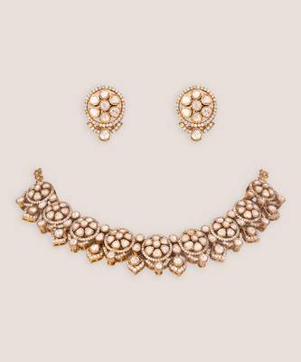 White stones dual tone polki necklace set 2