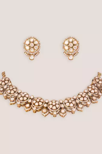 White stones dual tone polki necklace set