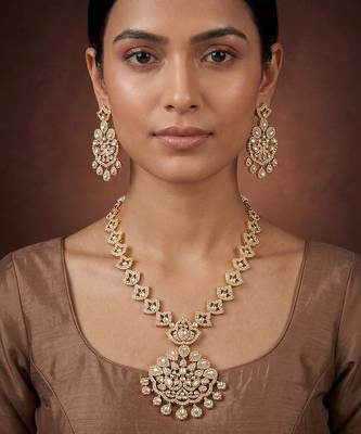 Gold finish jadau long necklace set 1
