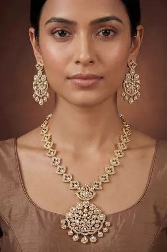 Gold finish jadau long necklace set