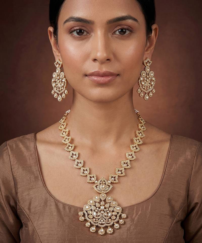 Gold finish jadau long necklace set