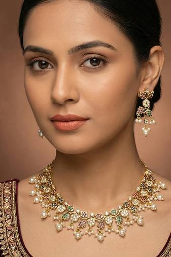 Gold finish multicolor stones jadau necklace set