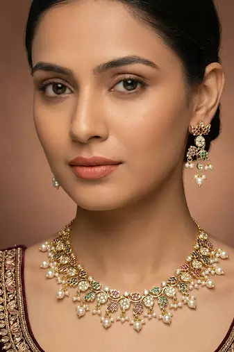 Gold finish multicolor stones jadau necklace set
