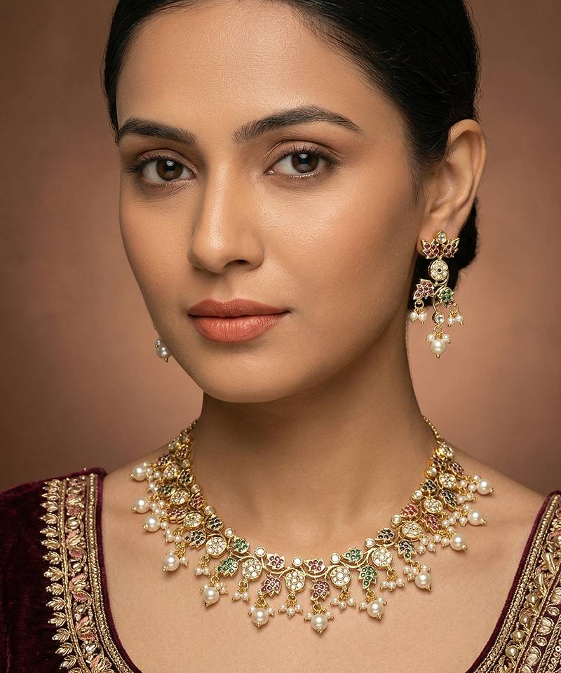 Gold finish multicolor stones jadau necklace set