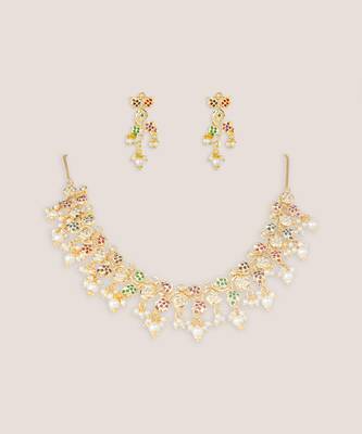 Gold finish multicolor stones jadau necklace set 2
