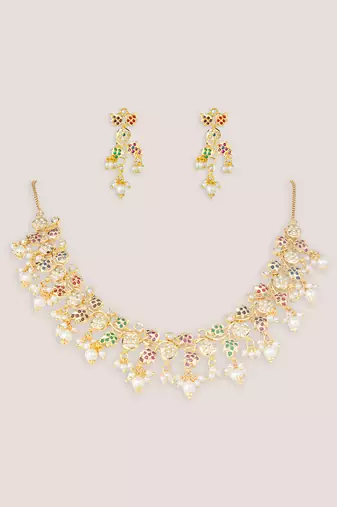 Gold finish multicolor stones jadau necklace set