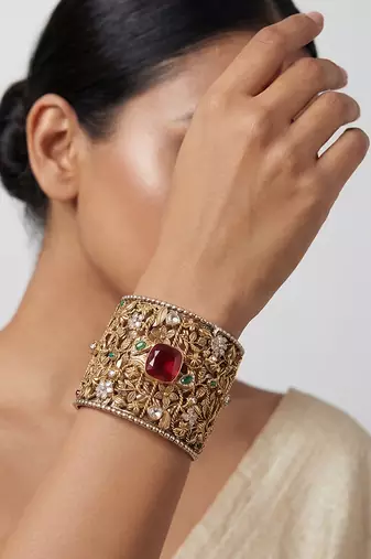 Red stone kundan cuff bracelet