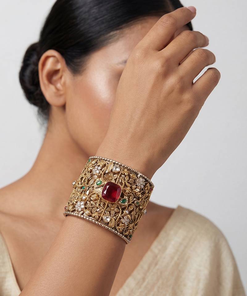 Red stone kundan cuff bracelet