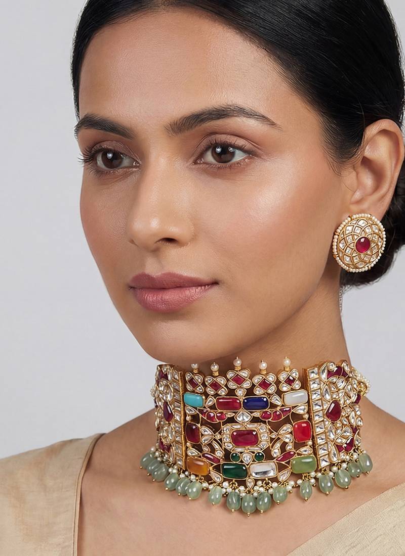 Multicolor stones kundan choker set
