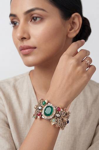 Multicolor stones cage work cuff bracelet