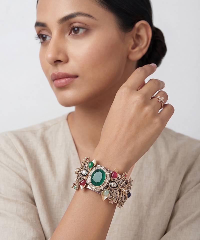 Multicolor stones cage work cuff bracelet