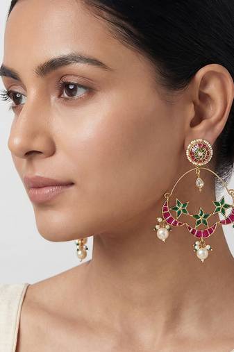 Sitara pink green kundan chandbali earrings
