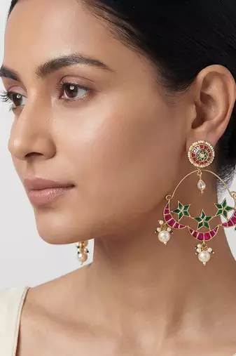 Sitara pink green kundan chandbali earrings