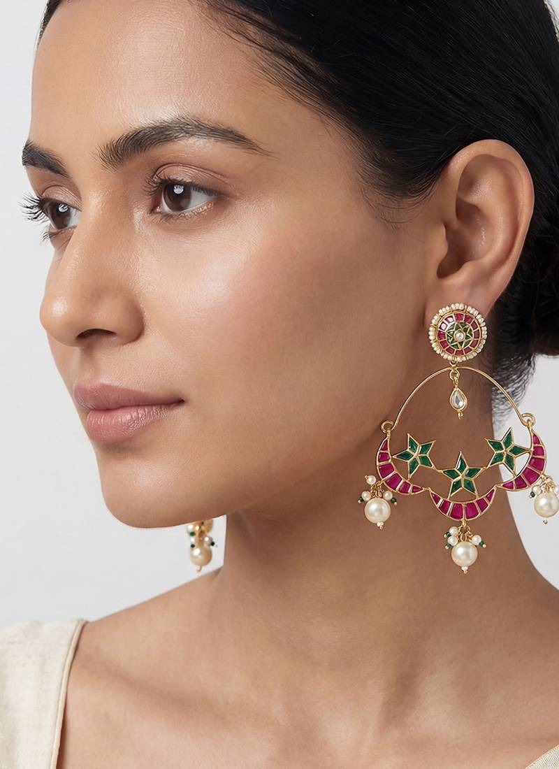 Sitara pink green kundan chandbali earrings
