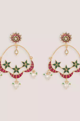 Sitara pink green kundan chandbali earrings