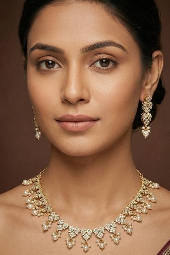 Gold finish jadau necklace set