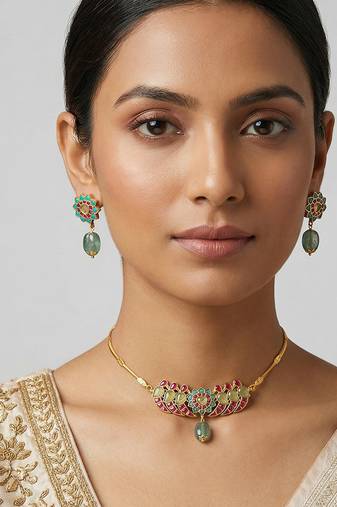 Pink green stones kundan necklace set