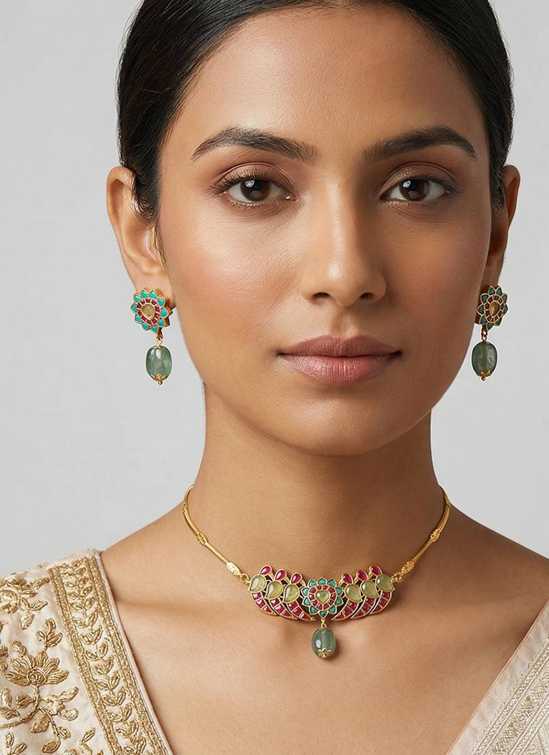 Pink green stones kundan necklace set