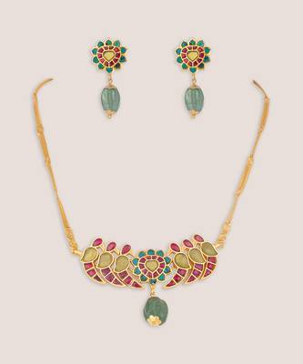 Pink green stones kundan necklace set 2